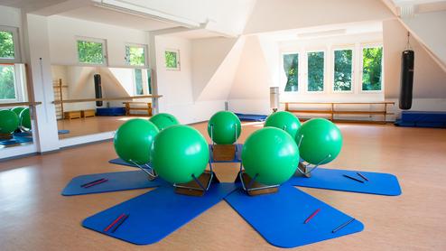 Fitnessraum mit grünen Gymnastikbällen auf blauen Matten, umgeben von Spiegeln und Fenstern.