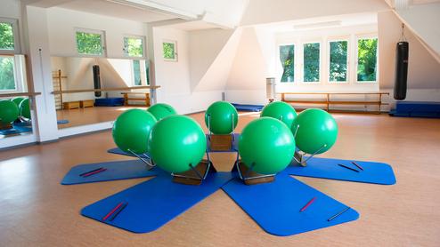 Fitnessraum mit grünen Gymnastikbällen auf blauen Matten, umgeben von Spiegeln und Fenstern.