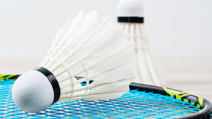 Zwei Federbälle auf einem Badmintonschläger mit blauer Saite, unscharfer Hintergrund.