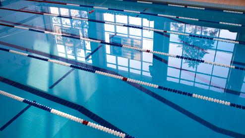 Blick auf ein Schwimmbecken mit blauen Bahnen und reflektierendem Licht von Fenstern im Hintergrund.